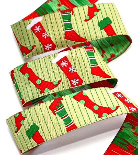 CHRISTMAS OLD FASHIONED STOCKING- 1" (3 YDS) LIME/RED/WH